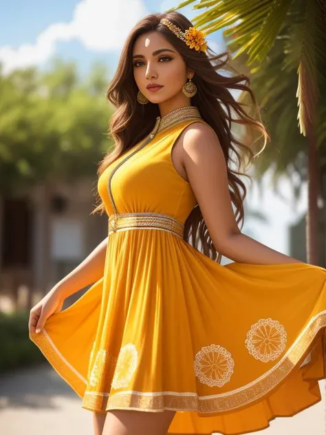 full-length photo Of A Beautiful Woman, Indian - Western Mixed Bodycon Dress, Vibrant, Depth of field, In Beautiful Dress, (( Natural Light)), (( Sunny Day )),(( Beautiful Clear Brown Eyes )), long Brown Hair, (( Unique Hair Ornament )), In Centre, (( Photorealistic )), DSLR, Highly Detailed, 4k, Extreme Details, Realistic, (( Wide Shot )), full-length photo, full-body shot