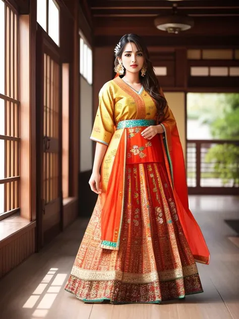 full-length photo Of A Beautiful Woman, Indian - Japanese Mixed Clothing, Vibrant, Depth of field, In Beautiful Dress, (( Natural Light)), (( Sunny Day )),(( Beautiful Clear Brown Eyes )), long Brown Hair, (( Unique Hair Ornament )), In Centre, (( Photorealistic )), DSLR, Highly Detailed, 4k, Extreme Details, Realistic, (( Wide Shot )), full-length photo, full-body shot, Unique Design Patterns, Indian Design Pattern, Floral Pattern Indian Style, (( colorful ))