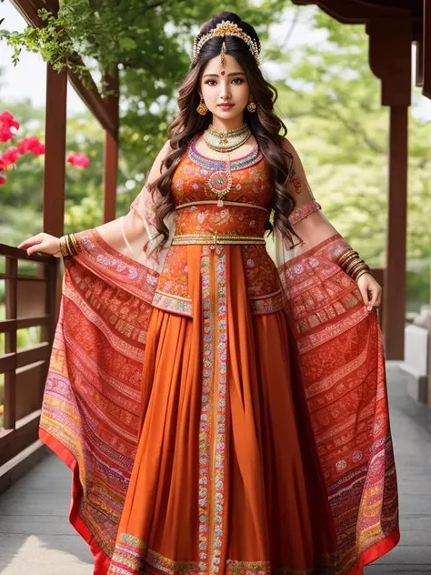 full-length photo Of A Beautiful Woman, Indian - Japanese Mixed Clothing, Vibrant, Depth of field, In Beautiful Dress, (( Natural Light)), (( Sunny Day )),(( Beautiful Clear Brown Eyes )), long Brown Hair, (( Unique Hair Ornament )), In Centre, (( Photorealistic )), DSLR, Highly Detailed, 4k, Extreme Details, Realistic, (( Wide Shot )), full-length photo, full-body shot, Unique Design Patterns, Indian Design Pattern, Floral Pattern Indian Style, (( colorful ))