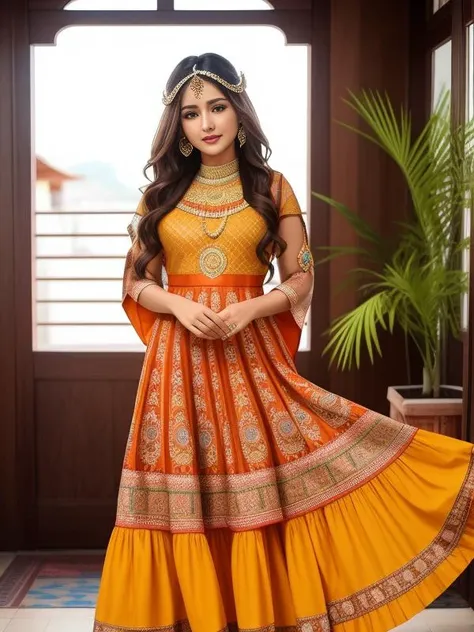 full-length photo Of A Beautiful Woman, Indian - Western - Thai Mixed Dress, Vibrant, Depth of field, In Beautiful Dress, (( Natural Light)), (( Sunny Day )),(( Beautiful Clear Brown Eyes )), long Brown Hair, (( Unique Hair Ornament )), In Centre, (( Photorealistic )), DSLR, Highly Detailed, 4k, Extreme Details, Realistic, (( Wide Shot )), full-length photo, full-body shot, Unique Design Patterns, Indian Design Pattern, Floral Pattern Indian Style,
