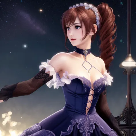 masterpiece, best quality, best illumination, 1girl, best shadow, an extremely delicate and beautiful, dynamic angle, finely detail, depth of field, bloom, shine, glinting stars, classic, highres, original, perfect lighting, colorful, light smile, breasts, pancu, long hair, ponytail, [thigh gap], <lora:Amy_Sorel_V2:0.7>