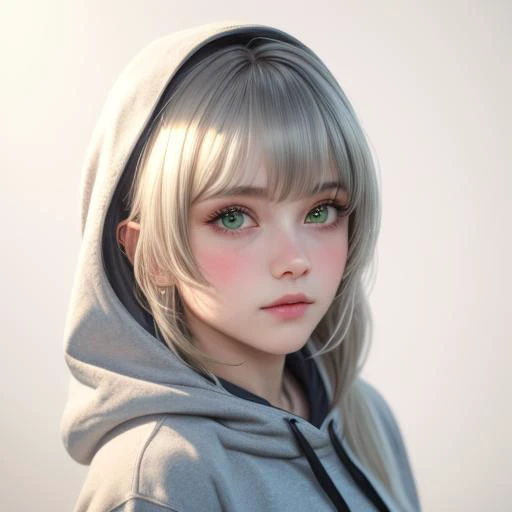 1girl,bangs,black hoodie,blush,closed mouth,clothes writing,drawstring,eyebrows visible through hair,green eyes,grey hair,hair intakes,hair ornament,hood,hood down,hoodie,long hair,looking at viewer,silver hair,simple background,solo,white background,, (masterpiece),best quality,highres,4k,8k,cinematic lighting,amazing quality,amazing shading,soft lighting,(masterpiece),best quality,highres,4k,8k,cinematic lighting,amazing quality,amazing shading,soft lighting,Illustration,analog style,a realistic photo,film grain,(photorealistic:0.6),extremely detailed cg unity 8k wallpaper,masterpiece,best quality,ultra high res,