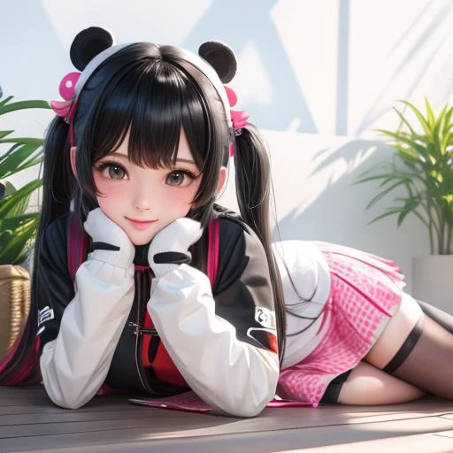 1girl,animal hands,bamboo,bangs,black hair,blush,closed mouth,hair ornament,jacket,long hair,long sleeves,looking at viewer,lying,multicolored hair,on side,palm tree,panda,paw gloves,plant,potted plant,shoes,single thighhigh,skirt,smile,solo,streaked hair,thighhighs,tree,twintails,very long hair,virtual youtuber,, (masterpiece),best quality,highres,4k,8k,cinematic lighting,amazing quality,amazing shading,soft lighting,(masterpiece),best quality,highres,4k,8k,cinematic lighting,amazing quality,amazing shading,soft lighting,Illustration,analog style,a realistic photo,film grain,(photorealistic:0.6),extremely detailed cg unity 8k wallpaper,masterpiece,best quality,ultra high res,