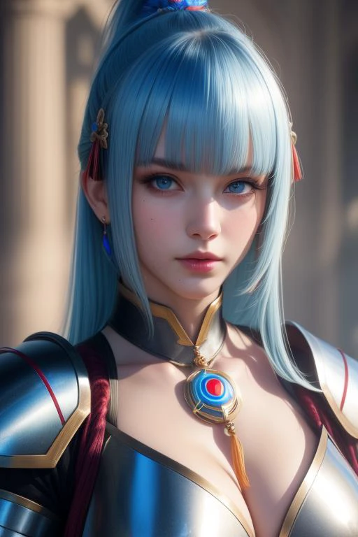 (masterpiece, best quality, ultra realistic,32k,RAW photo, 8k uhd, dslr, high quality, film grain:1.5),
1girl,solo,long hair,breasts,looking at viewer,smile,bangs,blue eyes,hair ornament,ribbon,cleavage,medium breasts,closed mouth,blue hair,hair ribbon,upper body,ponytail,sidelocks,blunt bangs,armor,mole,lips,mole under eye,breastplate,light blue hair,neck ring,neck tassel