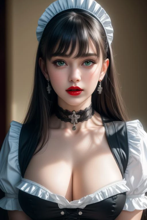 (masterpiece, best quality, ultra realistic,32k,RAW photo, 8k uhd, dslr, high quality, film grain:1.5),
1girl,solo,long hair,breasts,looking at viewer,bangs,large breasts,black hair,cleavage,jewelry,green eyes,upper body,earrings,parted lips,choker,puffy sleeves,lips,maid,maid headdress,black choker,realistic,red lips