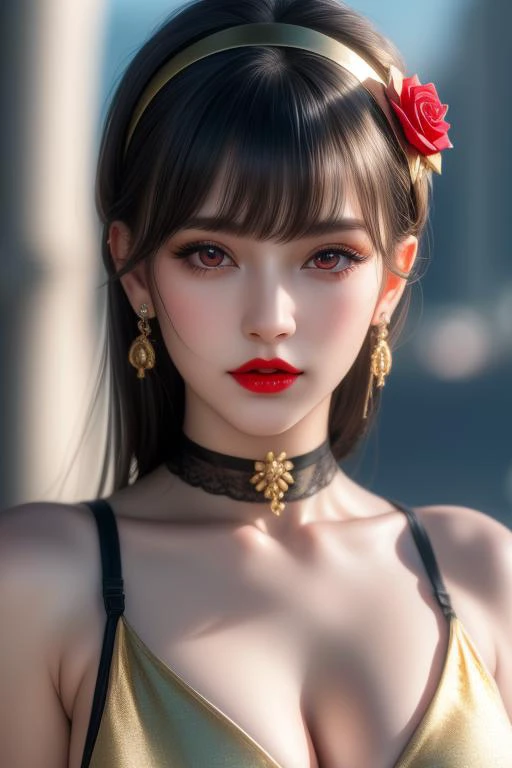 (masterpiece, best quality, ultra realistic,32k,RAW photo, 8k uhd, dslr, high quality, film grain:1.5),
1girl,solo,breasts,looking at viewer,bangs,large breasts,black hair,hair ornament,red eyes,dress,cleavage,bare shoulders,jewelry,closed mouth,upper body,flower,sidelocks,hairband,earrings,choker,hair flower,blurry,lips,eyelashes,blurry background,rose,red lips,gold earrings,gold hairband