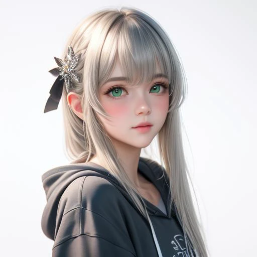 1girl,bangs,black hoodie,blush,closed mouth,clothes writing,drawstring,eyebrows visible through hair,green eyes,grey hair,hair intakes,hair ornament,hood,hood down,hoodie,long hair,looking at viewer,silver hair,simple background,solo,white background,, (masterpiece),best quality,highres,4k,8k,cinematic lighting,amazing quality,amazing shading,soft lighting,(masterpiece),best quality,highres,4k,8k,cinematic lighting,amazing quality,amazing shading,soft lighting,Illustration,analog style,a realistic photo,film grain,(photorealistic:0.6),extremely detailed cg unity 8k wallpaper,masterpiece,best quality,ultra high res,