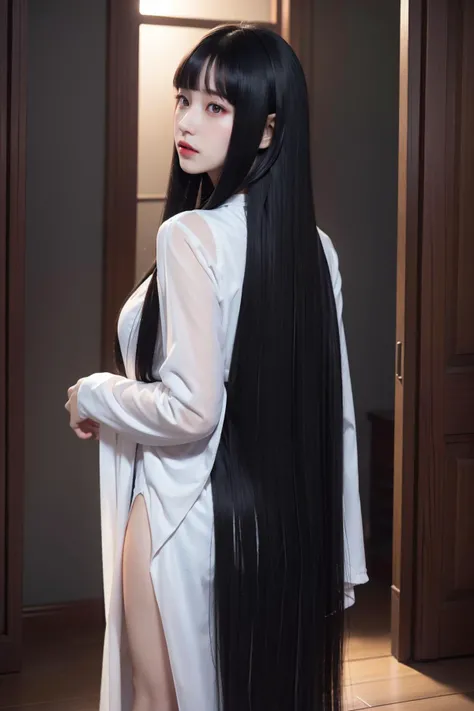 (best quality), (realistic:1.3), (masterpiece:1.2), (photorealistic:1.2), finely detailed, rembrandt lighting, (detailed skin:1.3), (intricate details), dramatic, ray tracing, 1girl, young, pale, beautiful, detailed skin texture, (blush:1.2), subsurface scattering, ((red glowing eyes)), dark lips, medium breasts, tiny waist,(hime style:1.2), straight hair, hime cut, blunted bangs, cascading hair, draped hair, (raven black long big flowing hair), (wearing long white flowing dress with long sleeves, cleavage, thigh slit), cowboy shot, (wandering around, inside creepy house, looking back at viewer), <lora:hime_style-1.0:0.8>
<lora:LowRA_v2:0.4>, (Tilt Shot)