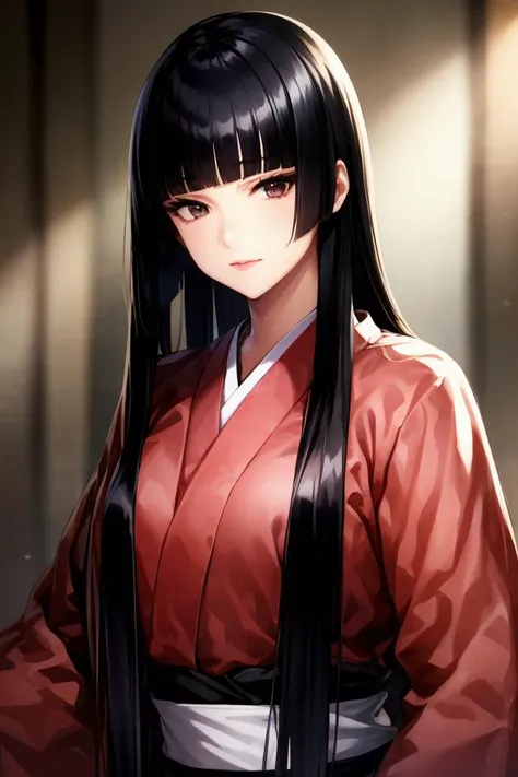 masterpiece, best quality, official art, highres, volumetic lighting, cinematic lighting, best lighting, extremely detailed, sharp details, sharp focus, best lighting, 8k, rule of thirds, majestic, 1girl, black hair, long hair, blunt bangs, curvy body, perfect anatomy, glossy lips, wet skin, looking at viewer, red kimono, portrait <lora:hime_style-1.0:1> hime style, straight hair, hime cut, draped hair, cascading hair, flowing hair <lora:nobunaga:1> japanese clothes, golden hair ornament, obi, sash, folding fan