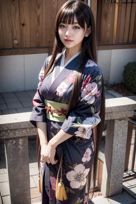 (realistic:1.3), finely detailed, quality, rembrandt lighting, (masterpiece:1.2), (photorealistic:1.2), (best quality), (detailed skin:1.3), (intricate details), dramatic, ray tracing, 1girl, japanese girl, 21 years old, detailed skin texture, (blush:0.5), (goosebumps:0.5), subsurface scattering, smiling, medium breasts, (hime style:1.2), straight hair, hime cut, blunted bangs, cascading hair, draped hair, flowing hair, kimono, floral print, cowboy shot, (bright sunny day), <lora:hime_style-1.0:0.8>