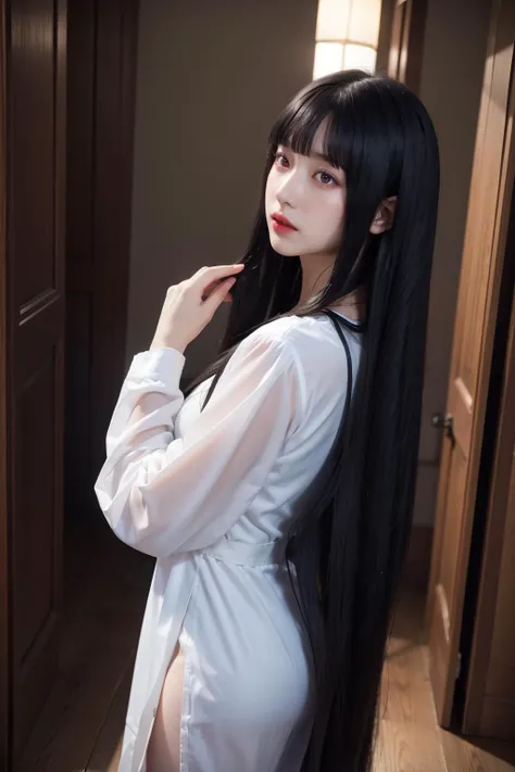 (best quality), (realistic:1.3), (masterpiece:1.2), (photorealistic:1.2), finely detailed, rembrandt lighting, (detailed skin:1.3), (intricate details), dramatic, ray tracing, 1girl, young, pale, beautiful, detailed skin texture, (blush:1.2), subsurface scattering, ((red glowing eyes)), dark lips, medium breasts, tiny waist,(hime style:1.2), straight hair, hime cut, blunted bangs, cascading hair, draped hair, (raven black long big flowing hair), (wearing long white flowing dress with long sleeves, cleavage, thigh slit), cowboy shot, (wandering around, inside creepy house, looking back at viewer), <lora:hime_style-1.0:0.8>
<lora:LowRA_v2:0.4>