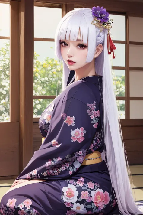 Ume Daki (human) from Kimetsu no Yaiba. Hashira, kimono, yukata, perfect face, mature face, white skin, white hair, long hair, big tiddy ++, giant boobs ++, nude, provoking, milf