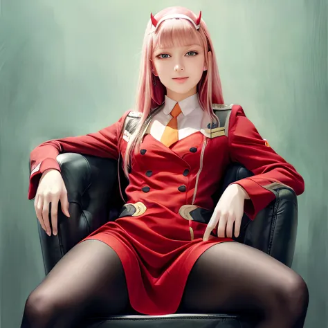 beautiful, masterpiece, best quality, high quality, intricate details, realistic, RAW photo, 8k, gorgeous, windowed background, aazero2, long hair, horns, hairband, military uniform, orange necktie, red dress, long sleeves, black pantyhose, <lora:zero_two_(darling_in_the_franxx)_v1:0.9>, sitting on a throne, legs crossed, smiling, evil grin, blue eyes, from below, <lora:add_detail:0.8>
