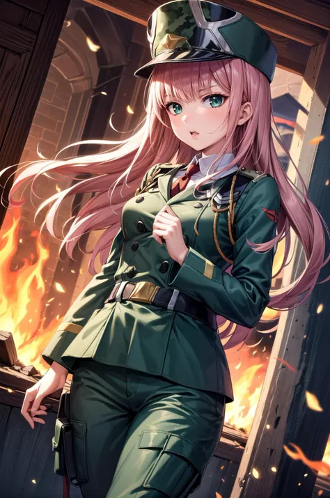 (masterpiece, best quality, detailed), 1girl, solo, bbzero2, long hair, horns, hairband,
military uniform, military, soldier, metal, military hat, green jacket, belt, green pants, camouflage, dutch angle, clsoed mouth, serious, outdoors, debris, fire, smoke