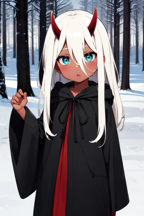 masterpiece, best quality, highres, eezero2, aged down, long hair, white hair, oni horns, hair between eyes, aqua eyes, red skin, colored skin, black robe, long sleeves, wide sleeves, <lora:zero_two_(darling_in_the_franxx)_v1:0.7>, outdoors, snow, cowboy shot, standing, forest,