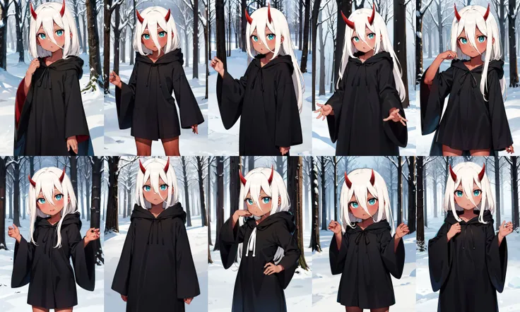 masterpiece, best quality, highres, eezero2, aged down, long hair, white hair, oni horns, hair between eyes, aqua eyes, red skin, colored skin, black robe, long sleeves, wide sleeves, <lora:zero_two_(darling_in_the_franxx)_v1:0.7>, outdoors, snow, cowboy shot, standing, forest,