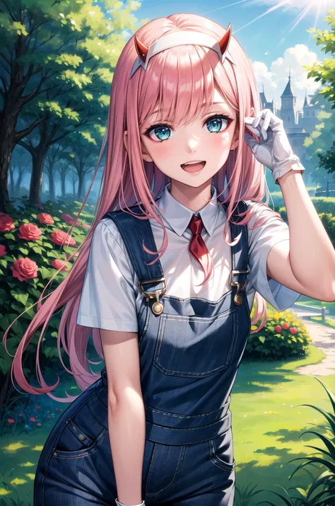 (masterpiece, best quality, detailed), 1girl, solo, bbzero2, long hair, horns, hairband,
overalls, white shirt, short sleeves, white gloves, outdoors, garden, rose, grass, sunlight, day, blue sky, smile, open mouth