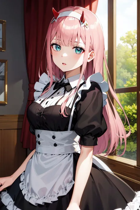 masterpiece, best quality, highres, aazero2, long hair, horns, hairband, <lora:zero_two_(darling_in_the_franxx)_v1:0.7>, maid, black dress,
