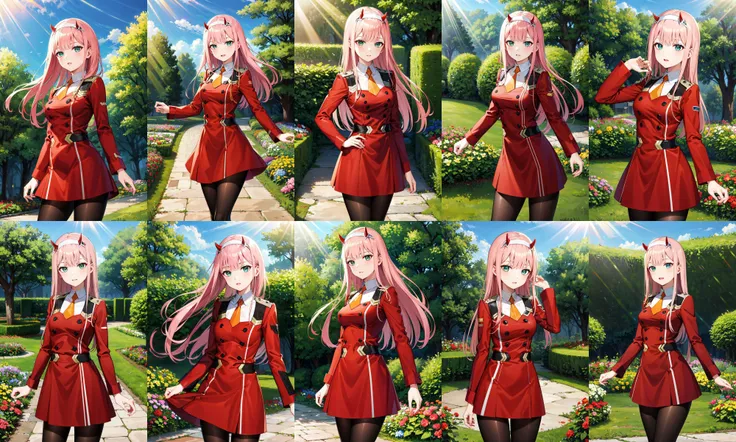 masterpiece, best quality, highres, aazero2, long hair, horns, hairband, military uniform, orange necktie, red dress, long sleeves, black pantyhose, <lora:zero_two_(darling_in_the_franxx)_v1:0.7>, cowboy shot, standing, outdoors, garden, sunlight,