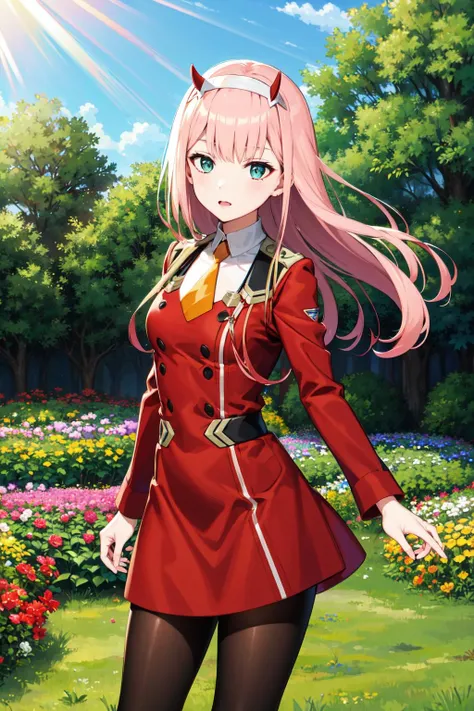 masterpiece, best quality, highres, aazero2, long hair, horns, hairband, military uniform, orange necktie, red dress, long sleeves, black pantyhose, <lora:zero_two_(darling_in_the_franxx)_v1:0.7>, cowboy shot, standing, outdoors, garden, sunlight,