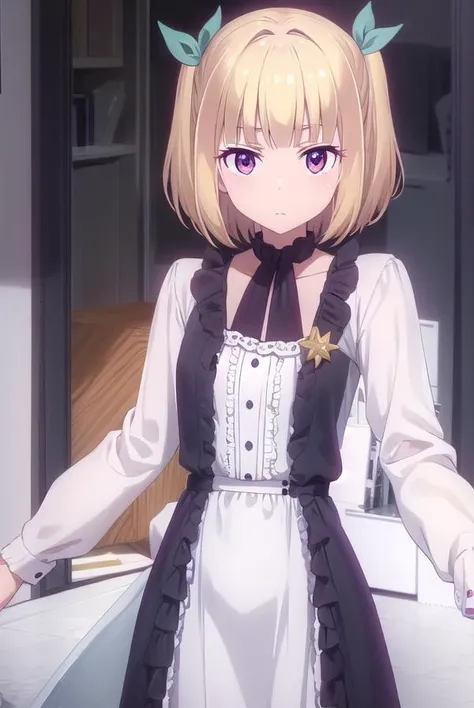 yunijima, <lora:yun ijima s2-lora-nochekaiser:1>,
yun ijima, short hair, blonde hair, (red eyes:1.3), ribbon, hair ribbon, two side up,
BREAK dress, white dress, collar, puffy sleeves, long sleeves, frills,
BREAK indoors, office,
BREAK looking at viewer, (cowboy shot:1.5),
BREAK <lyco:GoodHands-beta2:1>, (masterpiece:1.2), best quality, high resolution, unity 8k wallpaper, (illustration:0.8), (beautiful detailed eyes:1.6), extremely detailed face, perfect lighting, extremely detailed CG, (perfect hands, perfect anatomy),