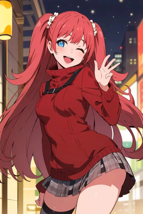 masterpiece, absurdres , 1girl outdoor in sweater,winter time,city lights,happy smile,a date with a girl,<lora:yumemite yumemi:0.6>