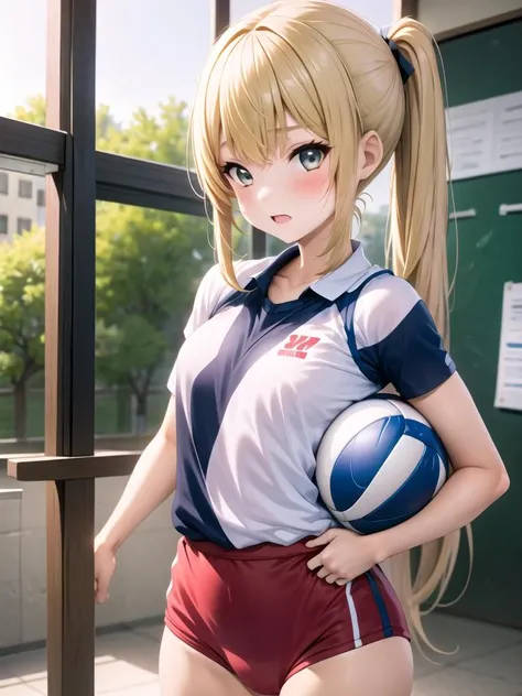 a girl, school gym shirt, buruma, pitch volleyball with under armpit to chest side, flat body, pony tail, bib
<lora:under armpit-001_0.7:1>