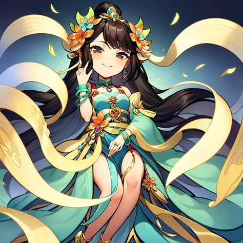 masterpiece,high quality,detailed,1girl,flower,jewelry,hair_ornament,black_hair,solo,smile,bracelet,hair_flower,long_hair,white_background,<lora:gufengjuese:0.8>,