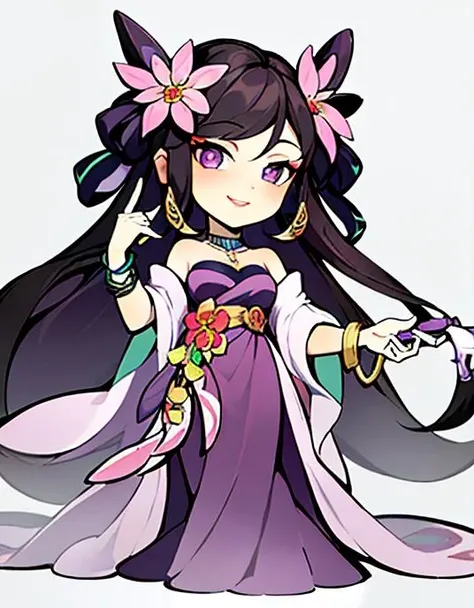 <lora:gufengjuese:0.8>,(masterpiece:1.2),best quality,
1girl,solo,flower,jewelry,hair_ornament,smile,bracelet,hair_flower,long_hair,dress,viewer_holding_leash,purple_eyes,
