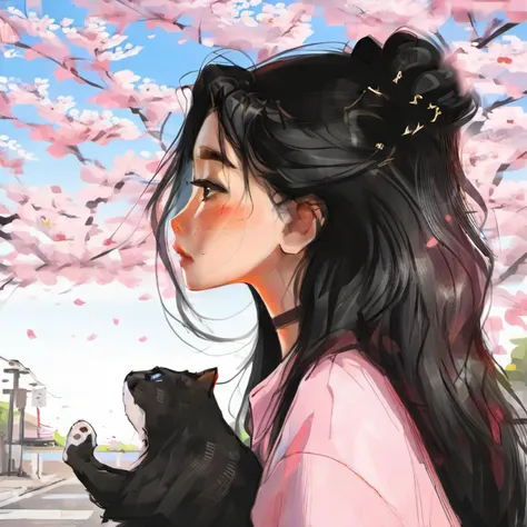 a woman with black hair standing, on a street, a cat is near her, sakura tree, sakura, wind, outdoor , detailed eyes, detailed face, by samdoesarts, short sleeves, extremely high quality , detailed background, intricate, Exquisite details and textures, highly detailed, ultra detailed photograph, 4k, sharp focus, high resolution, 8k uhd
