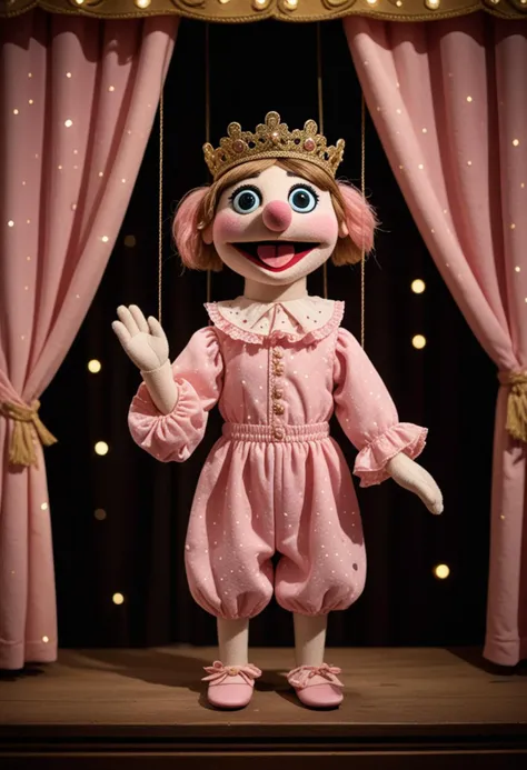 (medium full shot) of (whimsical puppet) wearing a pink embroidered romper, a sparkly headband, blush spots, located in  a classic puppet theater, with vintage decor, simple stage, elegant lighting, traditional puppetry equipment, at night, Masterpiece,best quality, photo, realistic, very aesthetic,