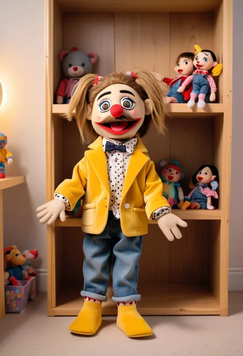 (medium full shot) of (mischievous puppet) wearing a yellow velvet jacket with tails, tiny jeans, wearing polka-dotted socks, moveable joints, located in  a tidy playroom, with organized toy storage, neat shelves, bright lighting, minimalist design, during sunset, ,Masterpiece,best quality, raw photo, realistic, very aesthetic