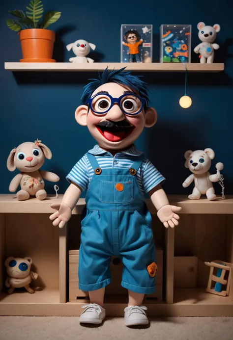 (medium full shot) of (cheerful puppet) wearing a blue patched romper, glasses, moveable joints, located in  a tidy playroom, with organized toy storage, neat shelves, bright lighting, minimalist design, at night, ,Masterpiece,best quality, raw photo, realistic, very aesthetic, dark