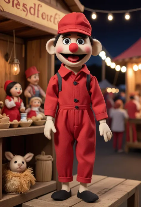 (medium full shot) of (animated puppet) wearing a red solid color jumpsuit, a tiny hat, moveable joints, located in  a quaint fair, featuring handmade crafts, local food stalls, rustic decor, friendly vendors, at night, Masterpiece,best quality, photo, realistic, very aesthetic,