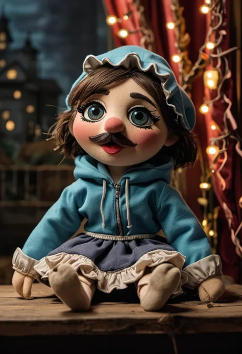 (medium full shot) of (enchanting puppet) wearing a blue hoodie, ruffled skirt, a tiny hat, expressive eyebrows, located in  a cozy puppet theater, featuring warm lighting, plush seating, charming decorations, at night, ,Masterpiece,best quality, photo, realistic, very aesthetic