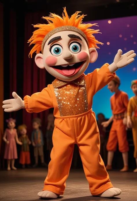 (medium full shot) of (animated puppet) wearing a orange solid color jumpsuit, a sequined headband, expressive eyebrows, located in  a vibrant theater, with bold colors, eclectic props, dynamic lighting, excited spectators, during sunset, Masterpiece,best quality, photo, realistic, very aesthetic,