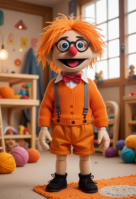 (medium full shot) of (mischievous puppet) wearing a orange sweater, shorts with suspenders, glasses, yarn hair, located in  a spacious playroom, featuring a craft area, soft play mats, large windows, cheerful decorations, during sunset, Masterpiece,best quality, photo, realistic, very aesthetic,