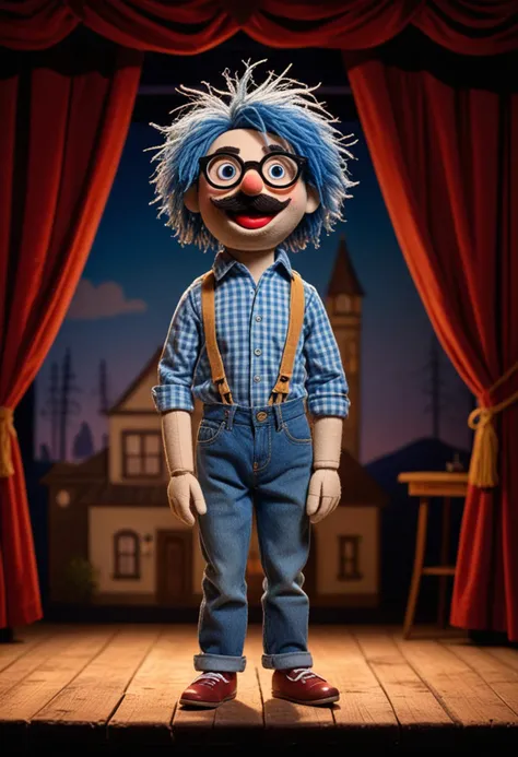 (medium full shot) of (whimsical puppet) wearing a blue checked shirt, tiny jeans, glasses, yarn hair, located in  a whimsical theater, with a small stage, velvet curtains, colorful props, a lively audience, during sunset, Masterpiece,best quality, photo, realistic, very aesthetic,