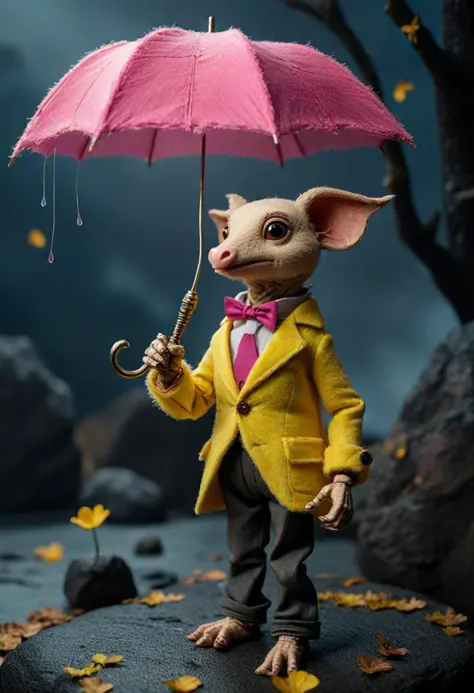 (medium full shot) of (enchanting puppet) wearing a yellow plush bodysuit, holding a tiny umbrella, moveable joints, located in  an imaginative realm, offering surreal landscapes, fantastic beasts, colorful skies, mysterious realms , at night, ,Masterpiece,best quality, photo, realistic, very aesthetic