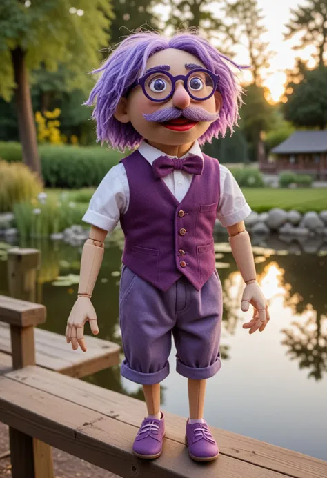 (medium full shot) of (quirky puppet) wearing a purple tiny vest, bloomers, glasses, moveable joints, located in  a quiet park, with serene pond, wooden benches, leafy trees, peaceful paths, during sunset, Masterpiece,best quality, photo, realistic, very aesthetic,