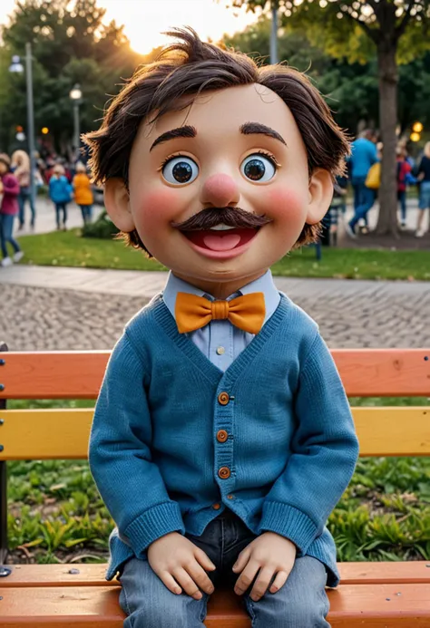 (medium full shot) of (adorable puppet) wearing a blue sweater, tiny jeans, a colorful bow tie, moveable joints, located in  a bustling park, with children's play area, colorful benches, open spaces, lively atmosphere, during sunset, ,Masterpiece,best quality, photo, realistic, very aesthetic,