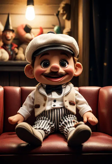 (medium full shot) of (expressive puppet) wearing a white tiny vest, striped trousers, a tiny hat, stitched smile, located in  a cozy puppet theater, featuring warm lighting, plush seating, charming decorations, at night, ,Masterpiece,best quality, photo, realistic, very aesthetic