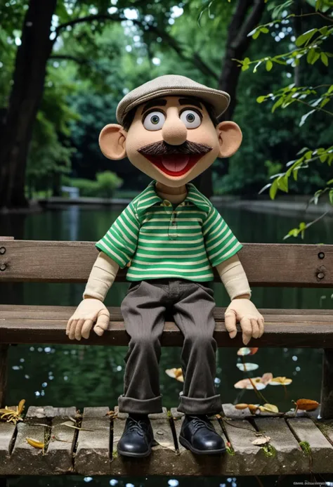 (medium full shot) of (animated puppet) wearing a green striped shirt, solid color trousers, a tiny hat, expressive eyebrows, located in  a quiet park, with serene pond, wooden benches, leafy trees, peaceful paths, at night, ,Masterpiece,best quality, photo, realistic, very aesthetic