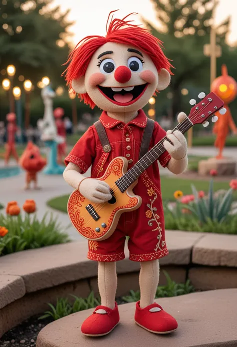 (medium full shot) of (cheerful puppet) wearing a red embroidered romper, holding a miniature guitar, stitched smile, located in  a whimsical park, featuring imaginative sculptures, playful fountains, artistic benches, creative installations, during sunset, Masterpiece,best quality, photo, realistic, very aesthetic,