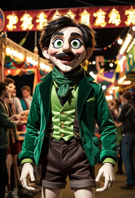 (medium full shot) of (animated puppet) wearing a green velvet jacket , shorts with suspenders, a scarf, moveable joints, located in  a vibrant fair, with game booths, playful prizes, lively performers, bright banners, at night, ,Masterpiece,best quality, raw photo, realistic, very aesthetic, dark