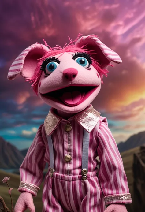 (medium full shot) of (playful puppet) wearing a pink striped jumpsuit, a sparkly headband, freckles, located in  an imaginative realm, offering surreal landscapes, fantastic beasts, colorful skies, mysterious realms , ,Masterpiece,best quality, raw photo, realistic, very aesthetic