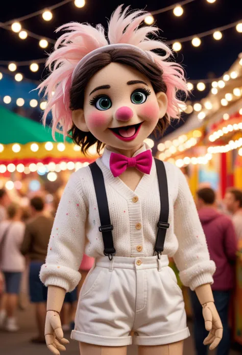 (medium full shot) of (adorable puppet) wearing a white cardigan, shorts with suspenders, a feathered headband, blush spots, located in  a lively fair, with colorful stalls, cheerful lights, bustling crowds, festive music, at night, Masterpiece,best quality, photo, realistic, very aesthetic,