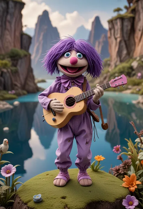 (medium full shot) of (mischievous puppet) wearing a purple patched romper, holding a miniature guitar, moveable joints, located in  a dreamy wonderland, with floating islands, vibrant landscapes, curious animals, magical effects , Masterpiece,best quality, photo, realistic, very aesthetic,