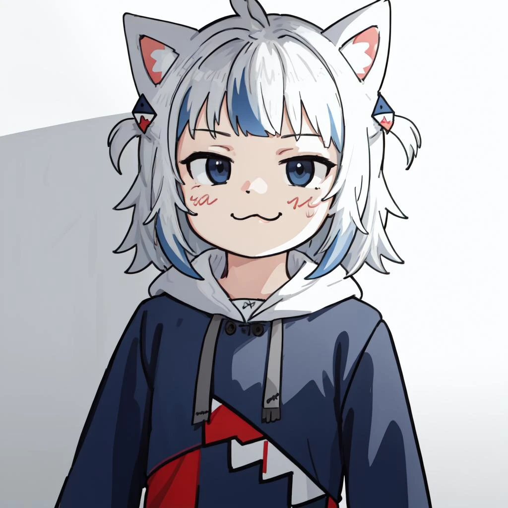 best quality, intricate details,
<lora:sillyCatThatOneFemboy_v10:0.7> silly cat, (uploaded to e621), (uploaded to pixiv), on model, (Teasing), (girly pose, girly expression), (sweating), (detailed visuals, rtx on, sexy expression, sexy), (digital art), (male), (Cute pawpads, cute smile),
1girl, solo, <lora:gawrGuraHololive_v3:1> gawr gura, shark girl, shark print, blue hoodie, shark hair ornament, white cat ears,<lora:3_v20:0.6> ;3, uwu, (smug:1.2)
<lora:youLikeKissingBoysDontYou_v10:0.2> boy_kisser,