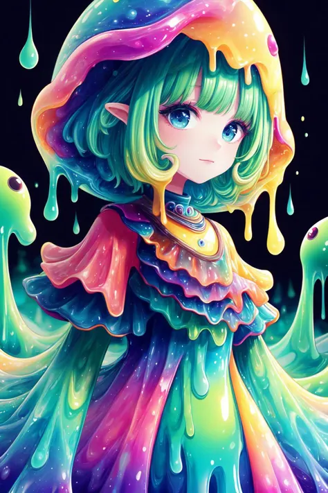 masterpiece, 8k, high quality, 1girl, girl wearing a colorful slime dress, looking at camera, dark background, <lora:SlimeDressStyle:0.8> slime attire,  <lora:Background_Detail_v3:-0.9>